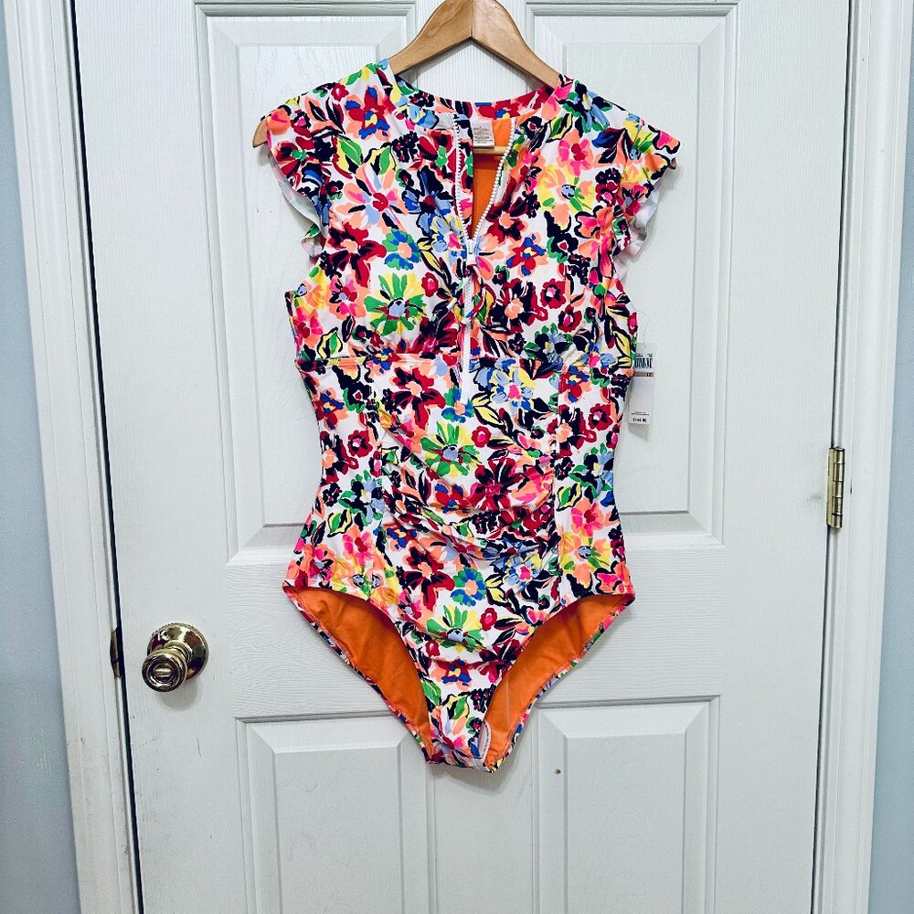 ANNE COLE FLORAL FLUTTER SLEEVE ZIP UP RASHGUARD ONE-PIECE SWIMSUIT
